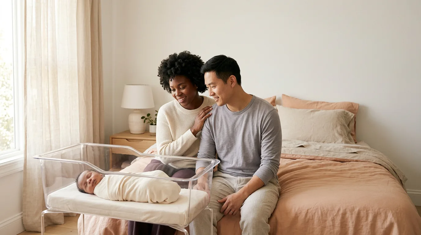New parents watching their newborn sleep safely in a bassinet