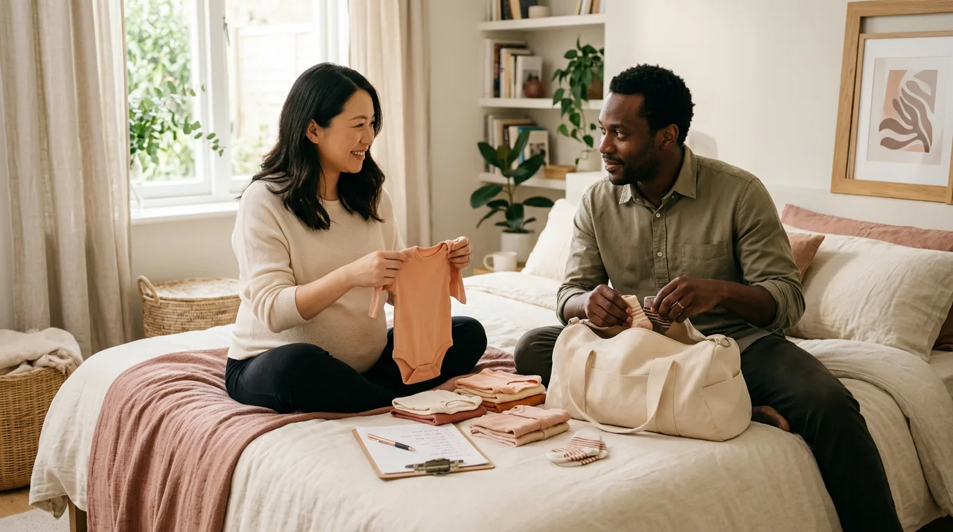 Expecting couple packing their hospital bag together